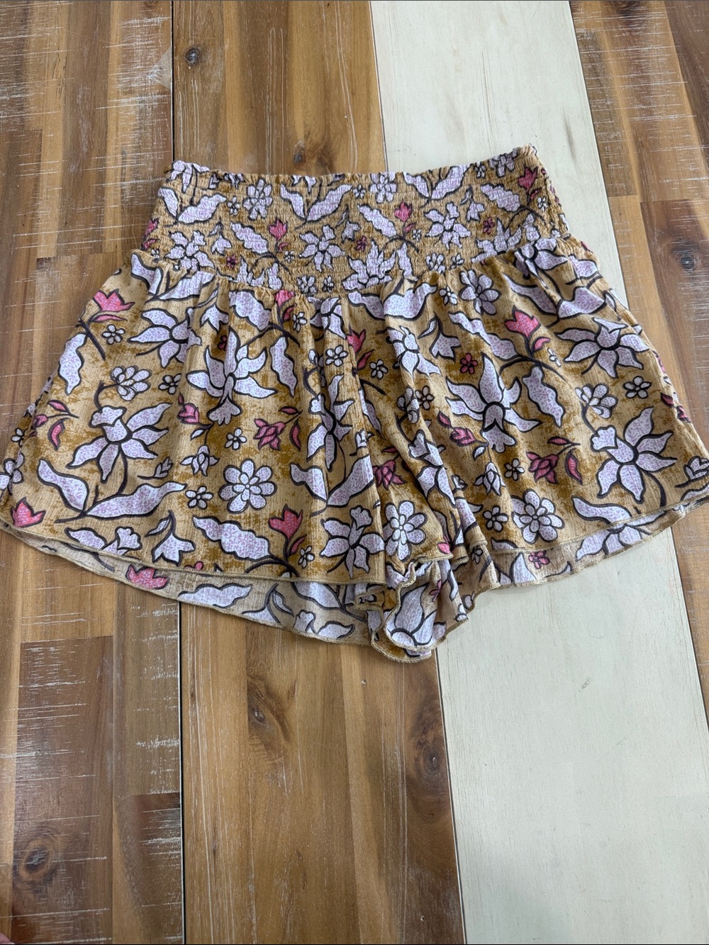 aerie Mustard Floral Smocked High-Rise Pull-On Shorts